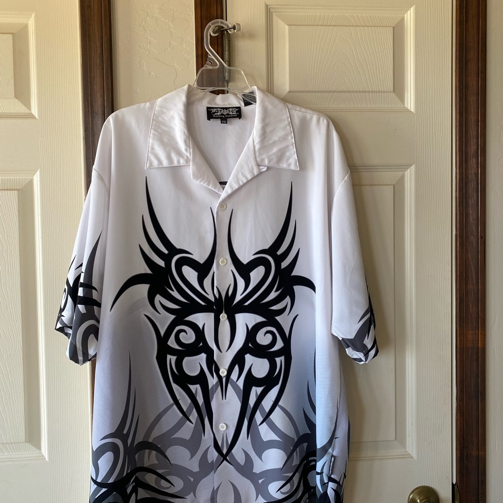 White and Black Casual Button Down Shirt with Tribal Design